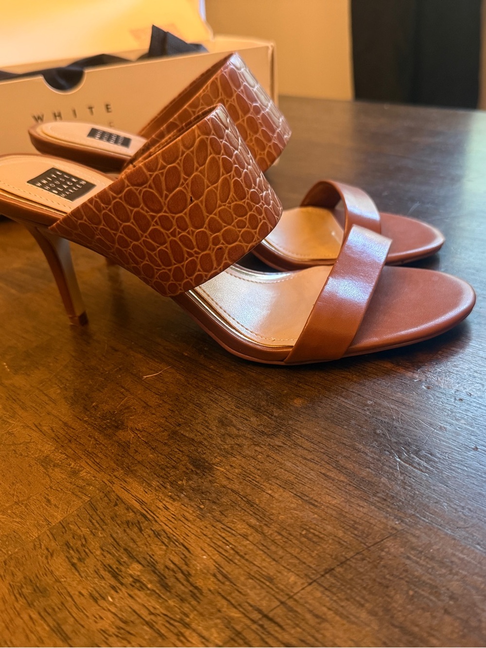 White House Black Market Alaina Saddle Brown Croc Heel Sandals